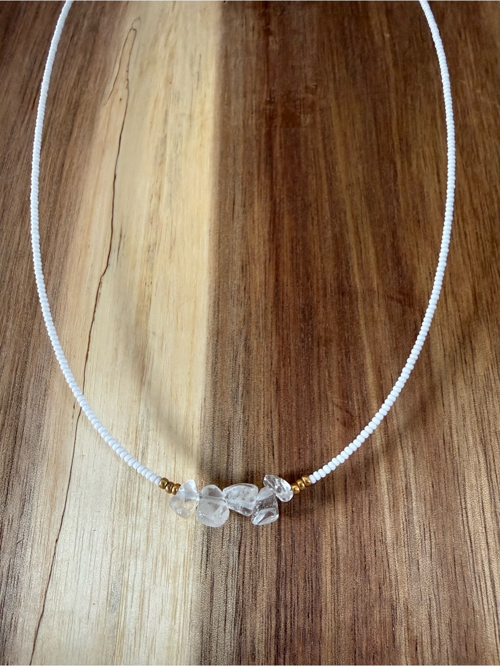 Minimal White Beaded Necklace with Clear Crystal Accents